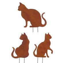 Lade das Bild in den Galerie-Viewer, 3er Set Gartenstecker Katze Metall Rost Braun Gartendeko Dekokatze
