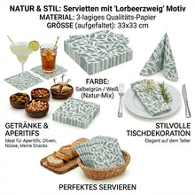 Lade das Bild in den Galerie-Viewer, 40er Set Servietten Blätter Grün Weiß Salbei 33 cm Papier Einwegservietten Papierservietten

