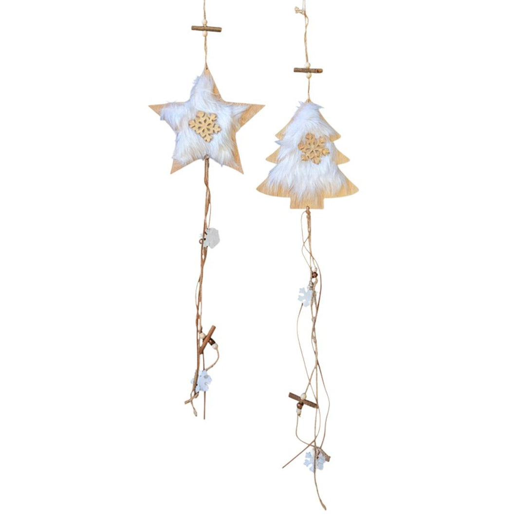 2er Set Hängedekoration Weihnachten Tannenbaum Stern Fell Holz 75 cm