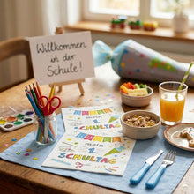 Lade das Bild in den Galerie-Viewer, 40 Servietten Einschulung Hurra mein 1 Schultag 33 cm 3 lagig Papierservietten weiß bunt Tischdeko Schulanfang Deko Schulstart Partydeko Einschulungsfeier
