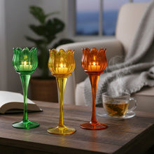 Lade das Bild in den Galerie-Viewer, 3er Set Teelichthalter Tulpe Grün Gelb Orange Windlich Deko Kerzenhalter
