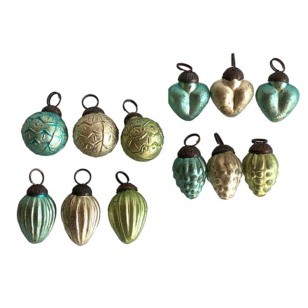 12er Set Christbaumkugeln klein 3 cm Pastell Grün Türkis Gold Antik Vintage Weihnachtskugeln Glas Metall Weihnachtdeko