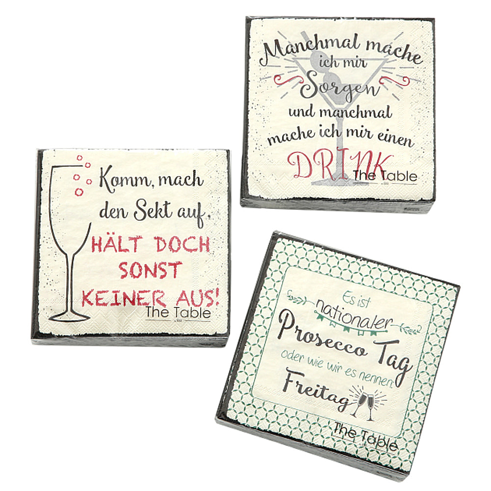 3er Set Cocktailservietten mit Text, mehrfarbig (Rot/Schwarz-Grün/Schwarz)